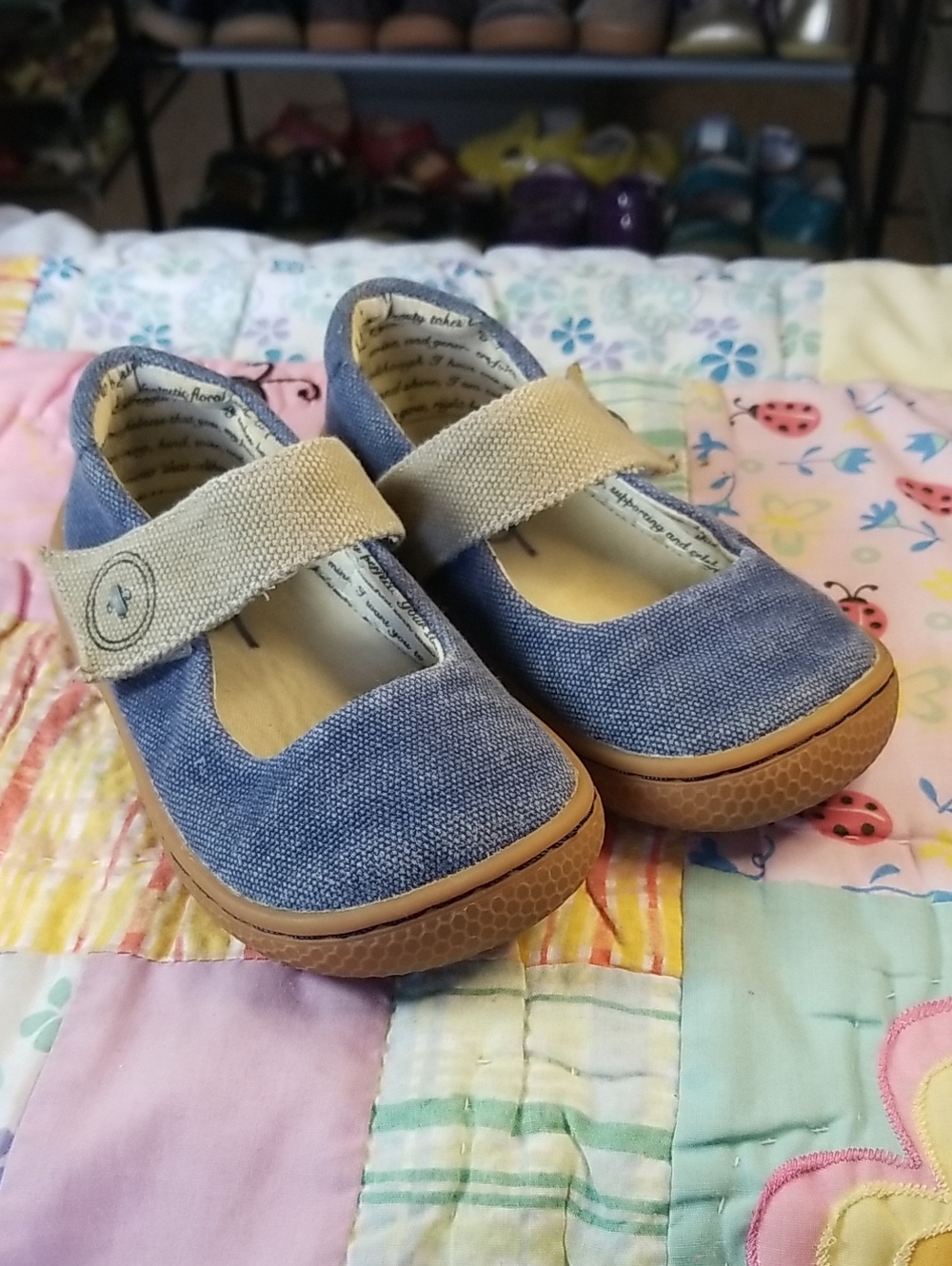 Livie & Luca Blue Denim Canvas Mary Jane Shoes with Tan Strap Size 9 Carta II